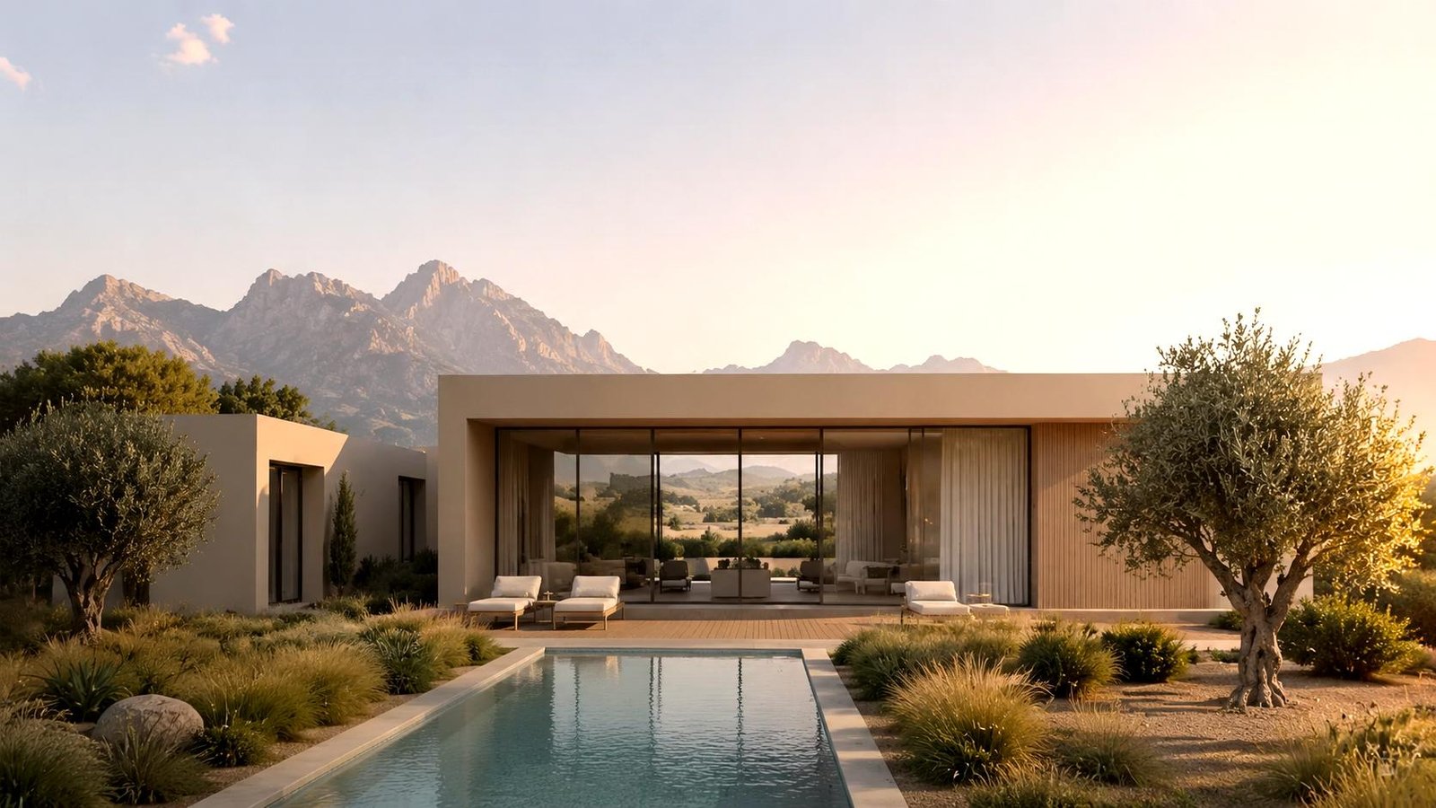 Vivienda modular CMS con piscina al atardecer